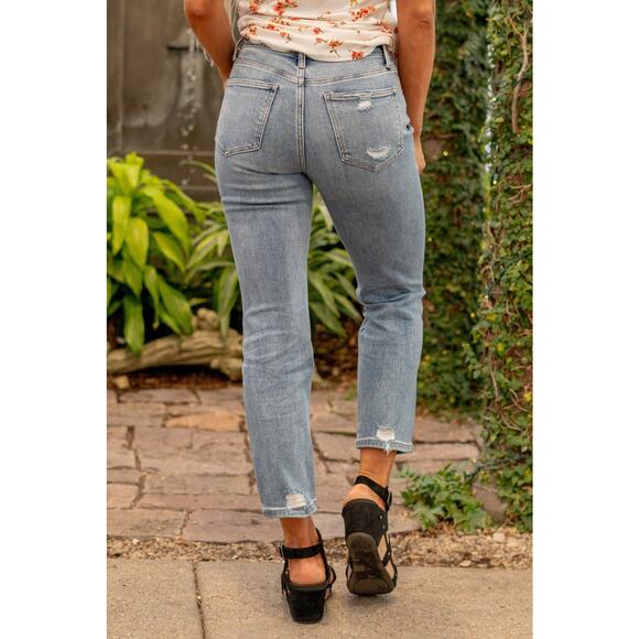 Flying Monkey Womens High Rise Destructed Hem Crop Straight Medium Rinse Jean 30 - Picture 8 of 8